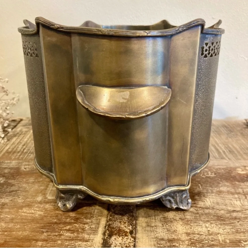 Metal Planter with Cutout Design Footed Container Cachepot